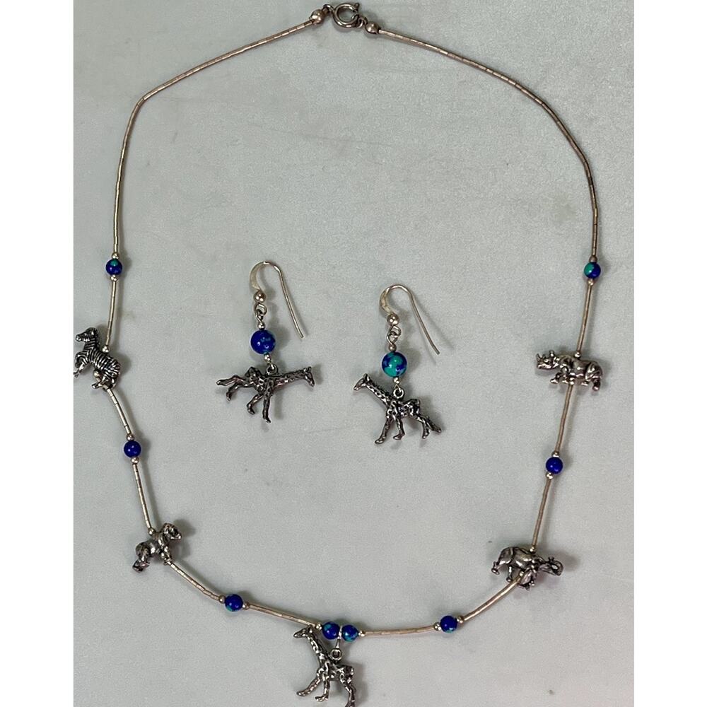 Sterling Silver Assorted Exotic Animal Charms Blue Beads Necklace & Earrings Set - Picture 2 of 16